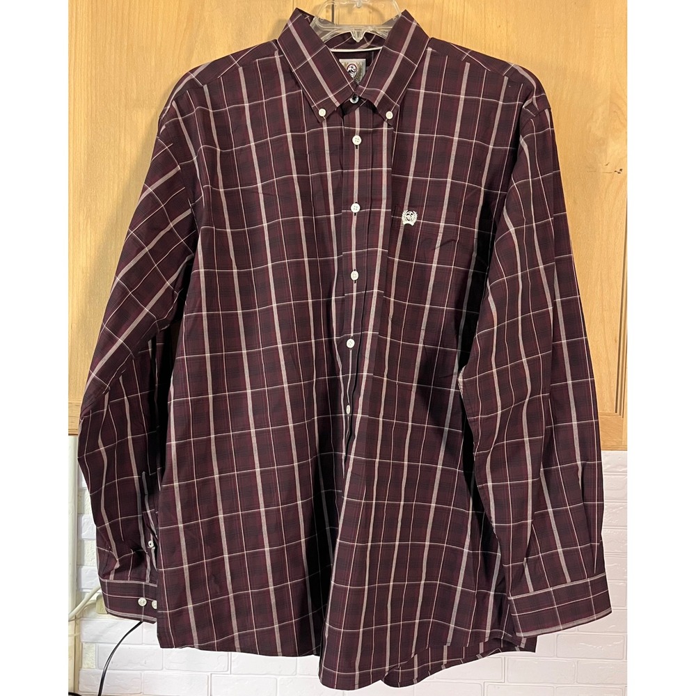 Cinch Plaid Button Down Shirt Mens Large‎ Burgundy Western Long Sleeve